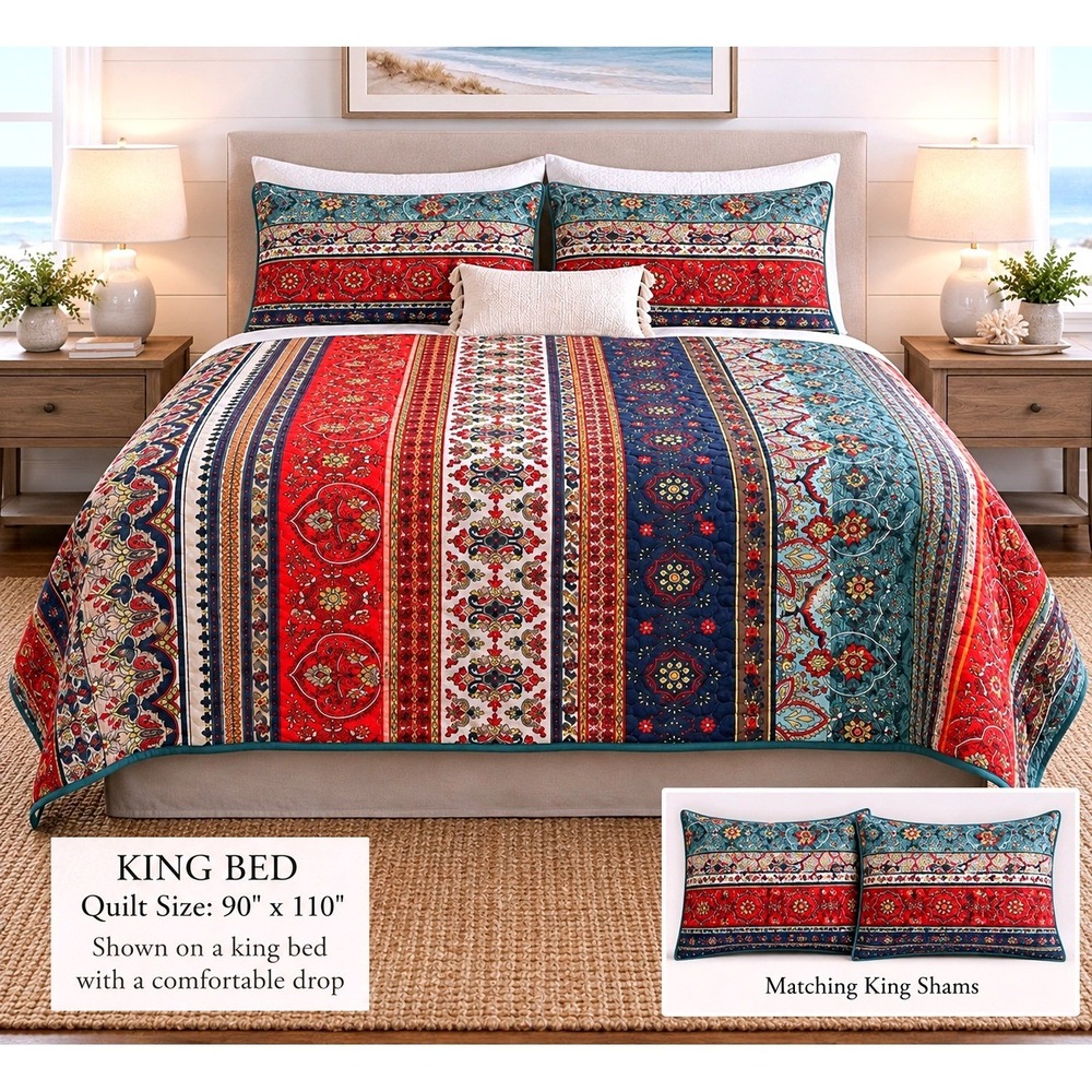 Wongs Bedding Boho Patchwork 3 piece Quilt Set Red Teal Floral Mandala Size King